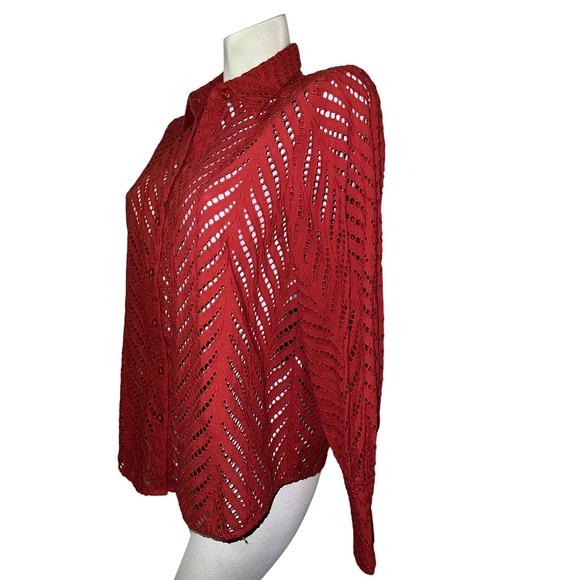 Chicos Rust Eyelet Chevron Button Up Shirt Top Women's Size M (1) Poplin Cutwork - Picture 4 of 8